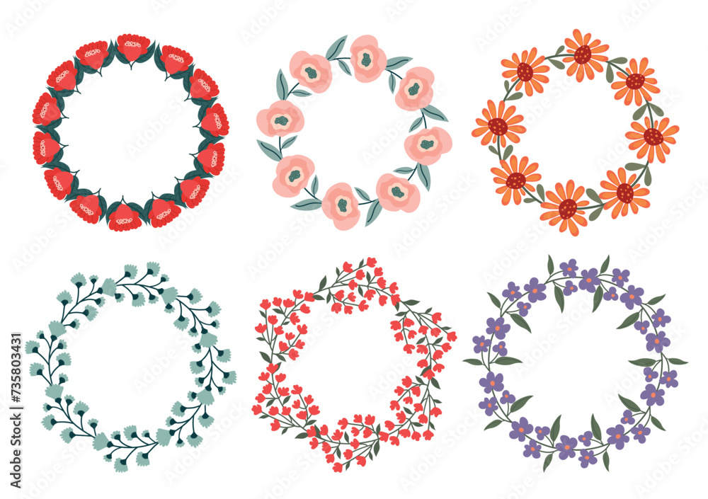 Vector floral wreath of spring flowers drawn in hand-drawn style. Vintage floral wreath. Decorative floral element for designing invitations, covers, notepads and other items, round floral frames. Eps