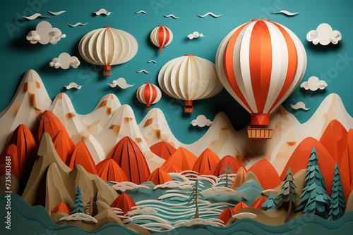 Hot air balloon over the mountains,  paper craft art or origami style for baby nursery, children design.