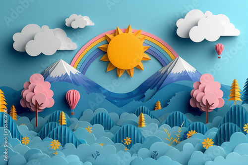 Hot air balloon over the mountains, paper craft art or origami style for baby nursery, children design. © erika8213