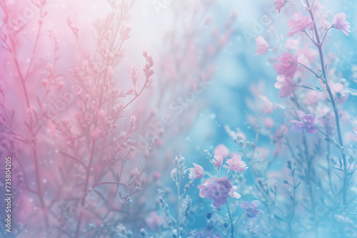 Soft spring  pink and blue watercolor background with copy space and spring flowers