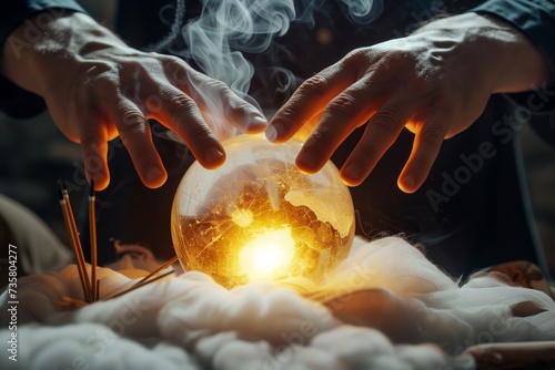 closeup of hands hovering over glowing crystal ball, incense smoke curling