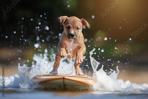 puppy balancing on surfboard with water splashing around © studioworkstock