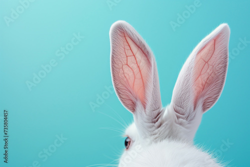 White rabbit ears on pastel blue background with copy space.Easter concept.