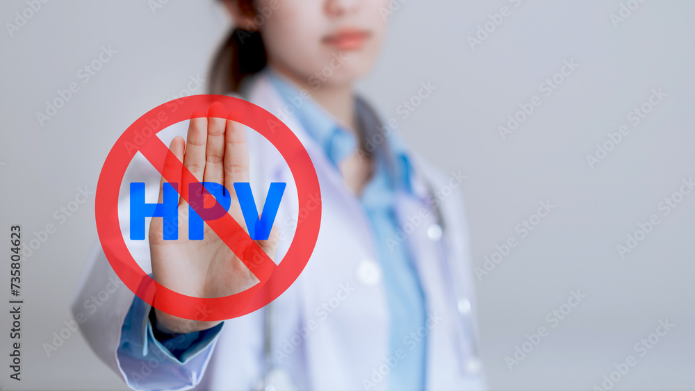 HPV (Human Papillomavirus), female doctor showing stop virus symbol ...