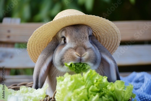 rabbit in a straw hat nibbling lettuce photo