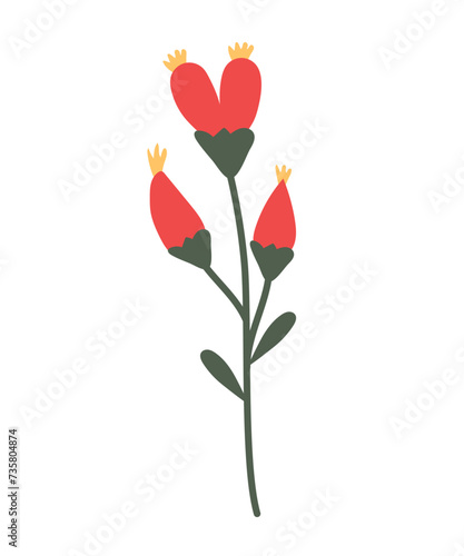 One branch with red flowers, leaves and unopened buds on a long stem. Vector, botanical illustration