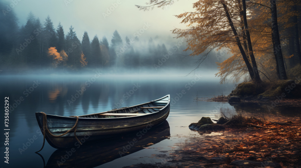 A boat sitting on the shore of a lake in a foggy setting.