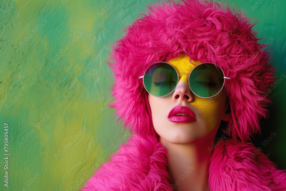 lady with pink fur and sunglasses on isolated background with space for copy