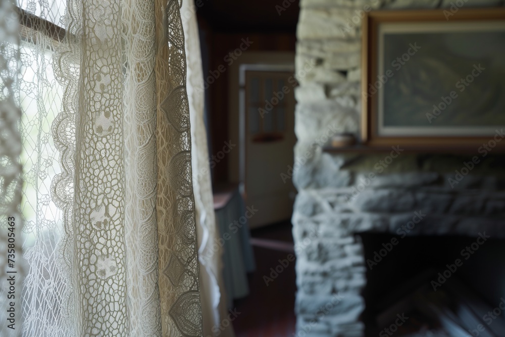 closeup of a lace curtain in a room with a stone fireplace