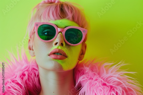 lady with pink fur and sunglasses on isolated background with space for copy