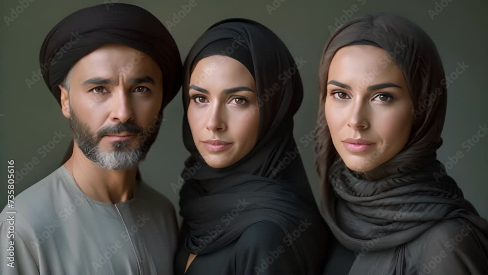 Arab man and woman in traditional attire pose for group portrait in Dubai studio, UAE.,generative ai Arab man and woman in traditional attire pose for group portrait in Dubai studio, UAE.,generative ai