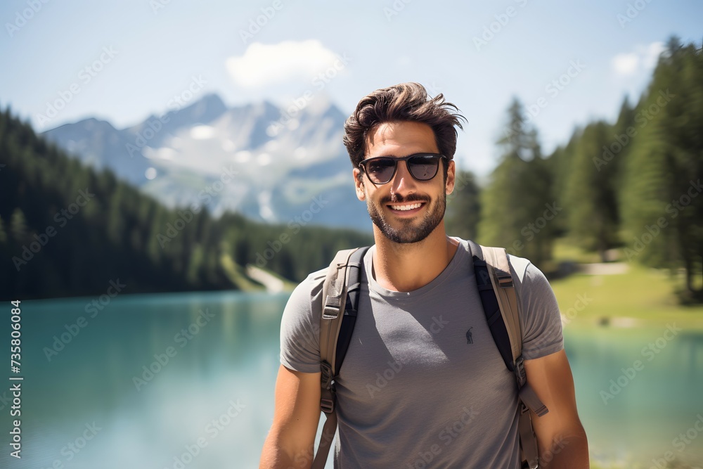A male tourist in front of a scenic mountain lake with lush green surroundings and cloudy sky A male tourist in front of a scenic mountain lake with lush green surroundings and cloudy sky