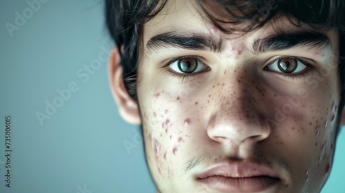 Close-up portrait of a young man with acne.