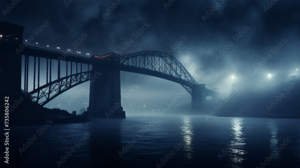 A bridge that is over water with fog on it.