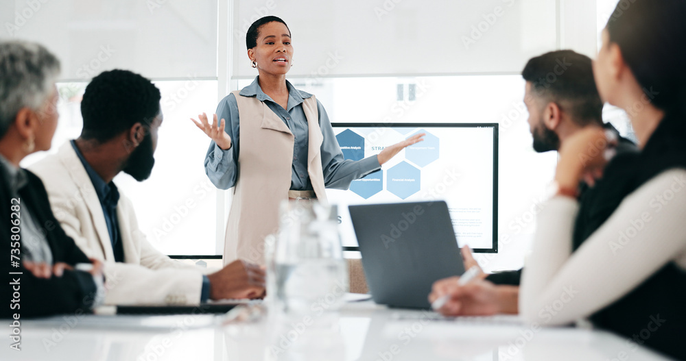 Presentation, training and meeting with business black woman for research, leader or project management. Idea, strategy and data analysis with group of people in office for brainstorming and chart