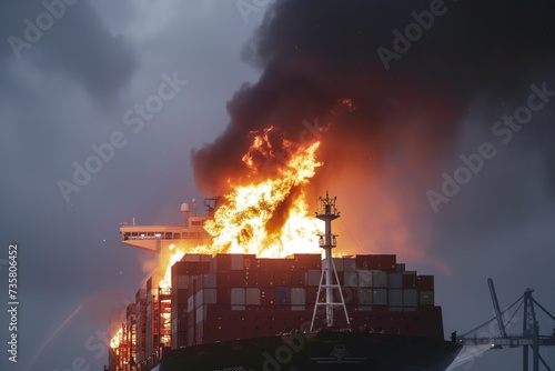 fire engulfing the bridge of a container ship, crew signaling distress