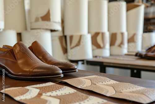 aligning shoe patterns on leather, rolls of pattern paper in background