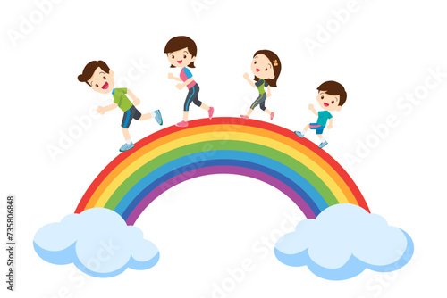 big family Exercise together for good health rainbow background