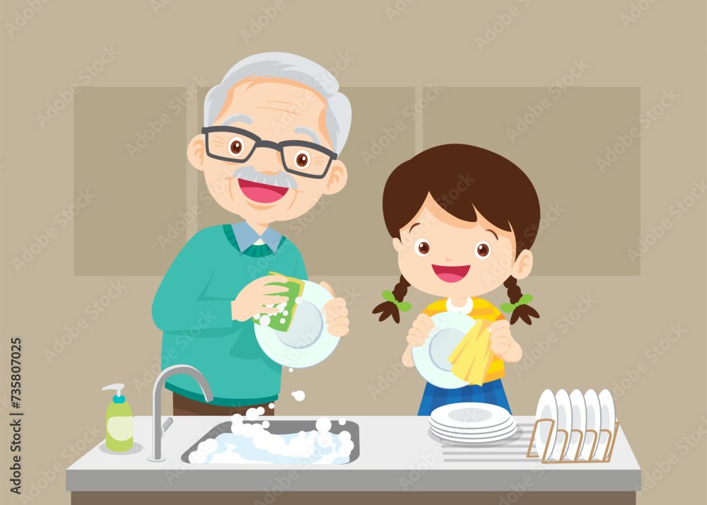 Happy kid helping family washing dishes at home Happy kid helping family washing dishes at home