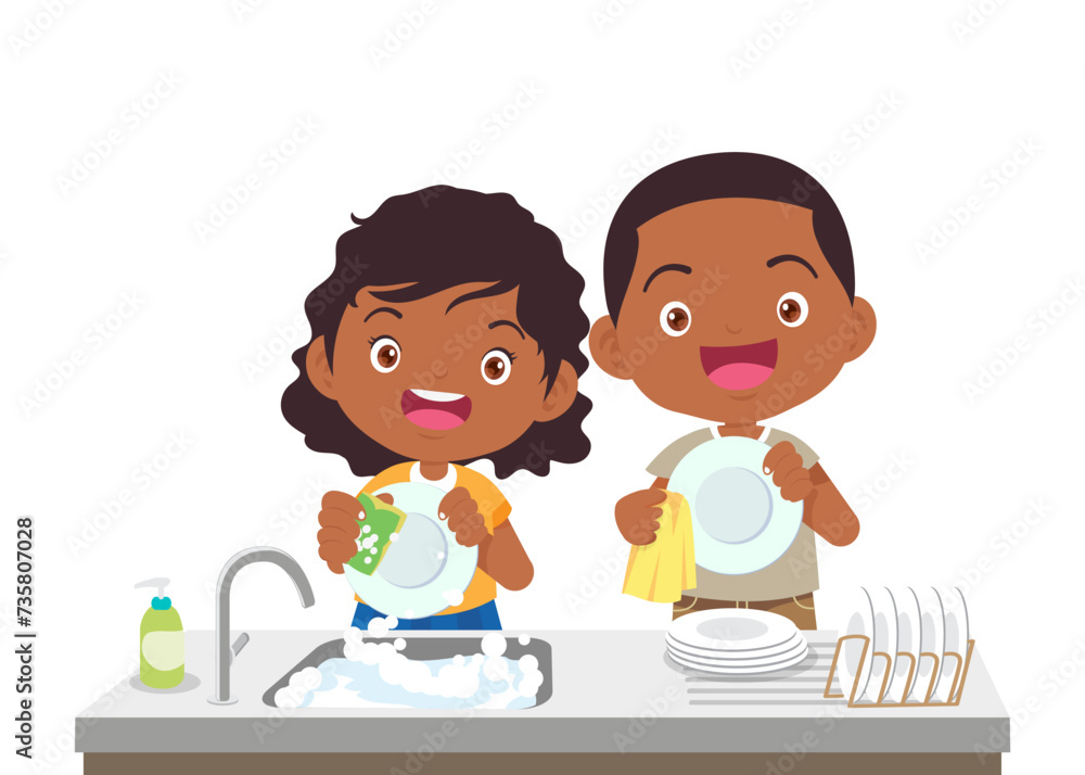 happy cute little boy and girl washing dish together happy cute little boy and girl washing dish together