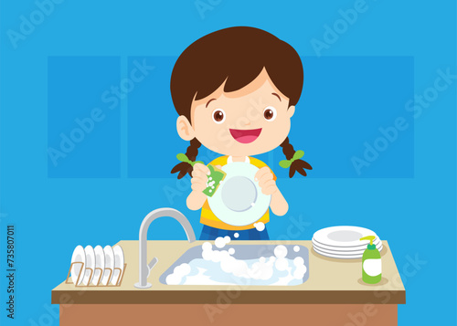 little kids washing the dishes in kitchen