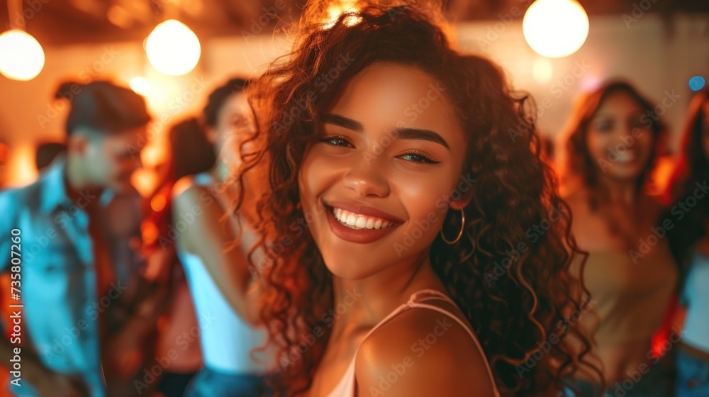 Happy young woman dancing in the nightclub Blurred, sparkling background. Copy space.