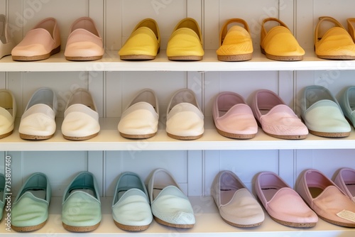 shelves of assorted slipon shoes in soft summer hues photo