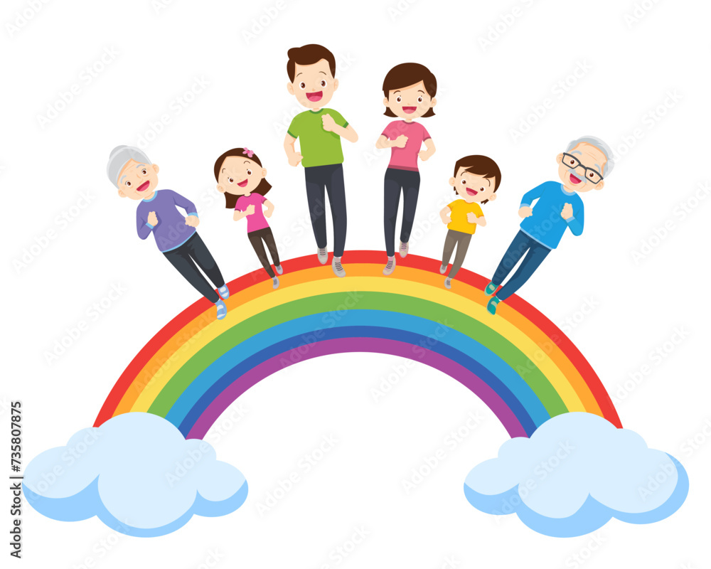 big family Exercise together for good health rainbow background big family Exercise together for good health rainbow background