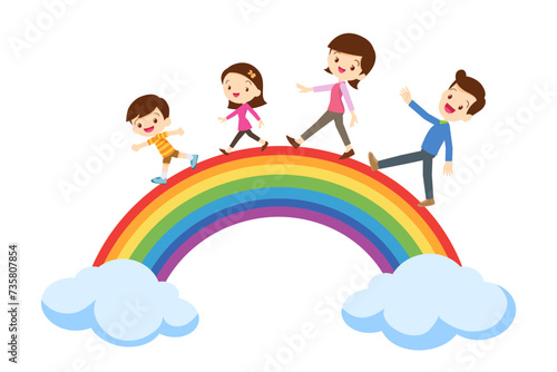 cute Happy family walking on the rainbow