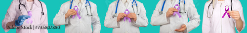 Set of five images doctor holding a purple ribbon in hands ADD,ADHD,Alzheimer Disease, Arnold Chiari Malformation,Childhood Hemiplegia stroke, Epilepsy, Chronic Acute Pain,Crohns