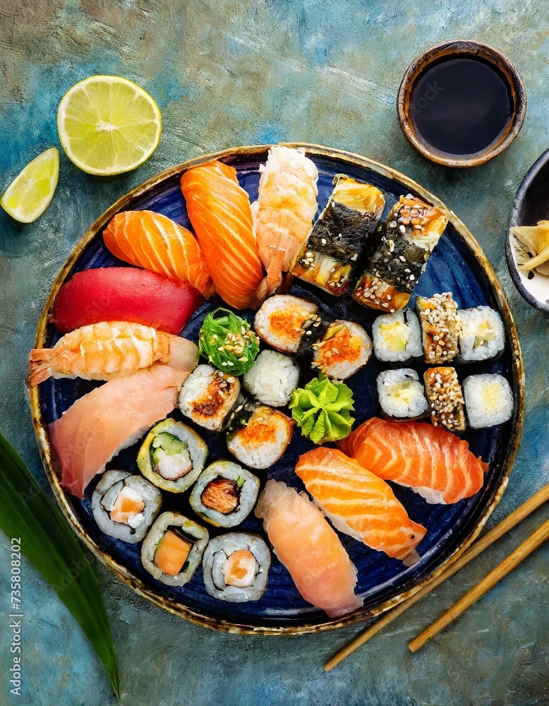 Assorted Sushi presented in a Tasteful Way - Diverse different types of Sushi - Maki, Inside-out, Nigiri, Uramaki - Japanese Cuisine - Fresh Seafood Assorted Sushi presented in a Tasteful Way - Diverse different types of Sushi - Maki, Inside-out, Nigiri, Uramaki - Japanese Cuisine - Fresh Seafood