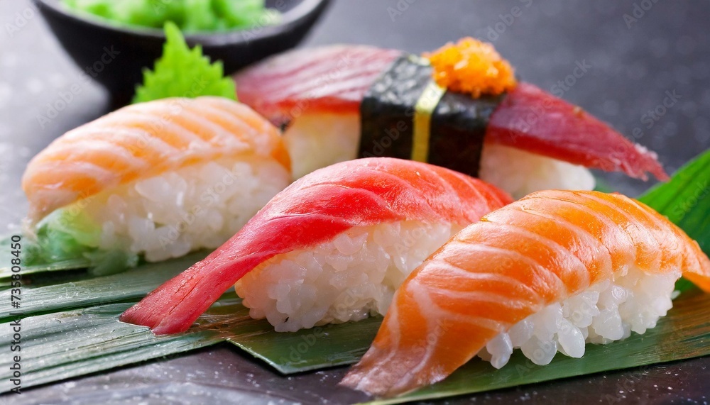 Assorted Sushi presented in a Tasteful Way - Diverse different types of Sushi - Maki, Inside-out, Nigiri, Uramaki - Japanese Cuisine - Fresh Seafood