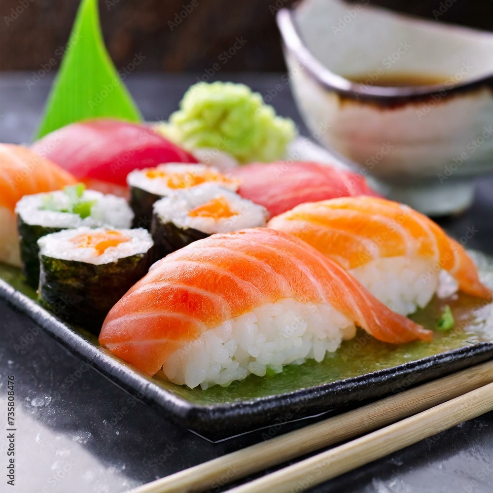 Assorted Sushi presented in a Tasteful Way - Diverse different types of Sushi - Maki, Inside-out, Nigiri, Uramaki - Japanese Cuisine - Fresh Seafood Assorted Sushi presented in a Tasteful Way - Diverse different types of Sushi - Maki, Inside-out, Nigiri, Uramaki - Japanese Cuisine - Fresh Seafood