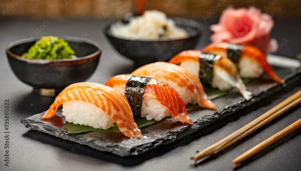 Assorted Sushi presented in a Tasteful Way - Diverse different types of Sushi - Maki, Inside-out, Nigiri, Uramaki - Japanese Cuisine - Fresh Seafood Assorted Sushi presented in a Tasteful Way - Diverse different types of Sushi - Maki, Inside-out, Nigiri, Uramaki - Japanese Cuisine - Fresh Seafood