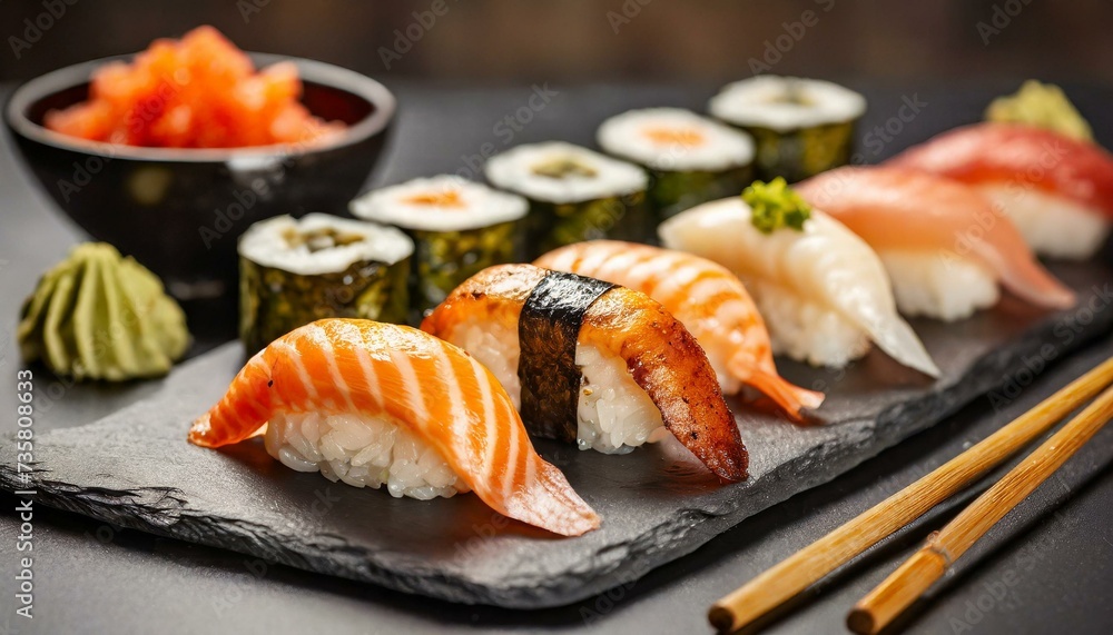 Assorted Sushi presented in a Tasteful Way - Diverse different types of Sushi - Maki, Inside-out, Nigiri, Uramaki - Japanese Cuisine - Fresh Seafood Assorted Sushi presented in a Tasteful Way - Diverse different types of Sushi - Maki, Inside-out, Nigiri, Uramaki - Japanese Cuisine - Fresh Seafood