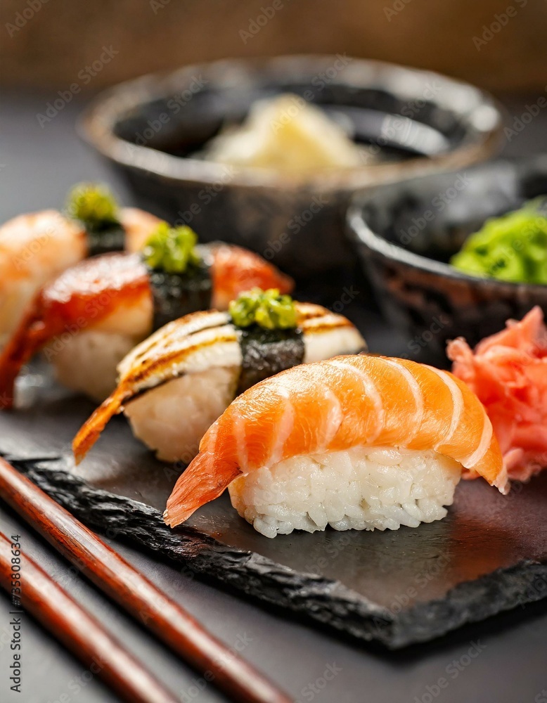 Assorted Sushi presented in a Tasteful Way - Diverse different types of Sushi - Maki, Inside-out, Nigiri, Uramaki - Japanese Cuisine - Fresh Seafood Assorted Sushi presented in a Tasteful Way - Diverse different types of Sushi - Maki, Inside-out, Nigiri, Uramaki - Japanese Cuisine - Fresh Seafood
