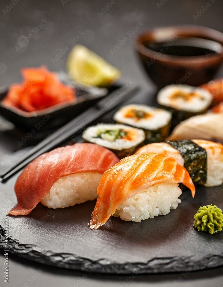 Assorted Sushi presented in a Tasteful Way - Diverse different types of Sushi - Maki, Inside-out, Nigiri, Uramaki - Japanese Cuisine - Fresh Seafood