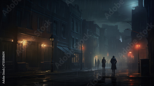 A city street at night with fog and street lights.