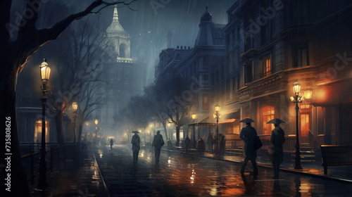 A city street at night with fog and street lights. © Anas