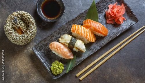 Assorted Sushi presented in a Tasteful Way - Diverse different types of Sushi - Maki, Inside-out, Nigiri, Uramaki - Japanese Cuisine - Fresh Seafood