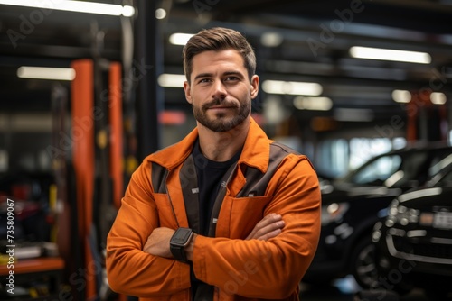Attractive confident male auto mechanic working and looking on his work in Car machine
