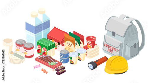 アイソメトリックで描いた防災グッズのイラストセット