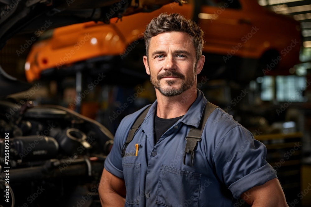 Attractive confident male auto mechanic working and looking on his work in Car machine Attractive confident male auto mechanic working and looking on his work in Car machine