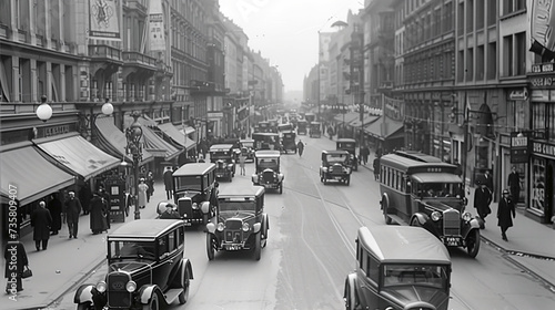 Streets and premises of a large city in the 1920s and 1930s. AI generative.