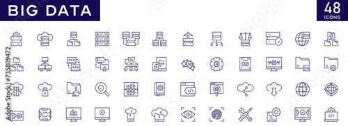 Big Data icons set with fully editable stroke thin line vector illustration with data encryption, efficiency, technical support, data user, database, sever, monitoring, network, statistics, analyzing