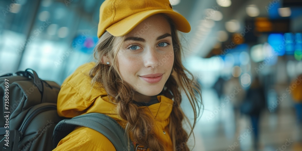 A beautiful young traveler poses in an airport terminal or train station, radiating style and happiness. A beautiful young traveler poses in an airport terminal or train station, radiating style and happiness.