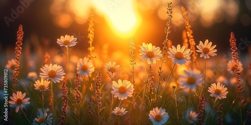 A picturesque meadow decorated with colorful flowers, shrouded in the golden sunlight of a summer sunset. © Iryna