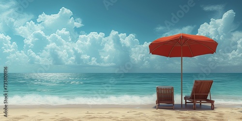 A serene beach with blue skies, golden sand and sun loungers under umbrellas, perfect for a summer holiday.