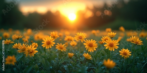 Golden yellow flowers bask in the bright sunlight of a summer field, radiating natural beauty and warmth.