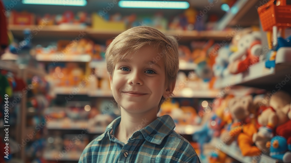 Smiling young boy in a plaid shirt standing in a toy store, surrounded by colorful shelves filled with various toys, giving a cheerful and playful atmosphere.